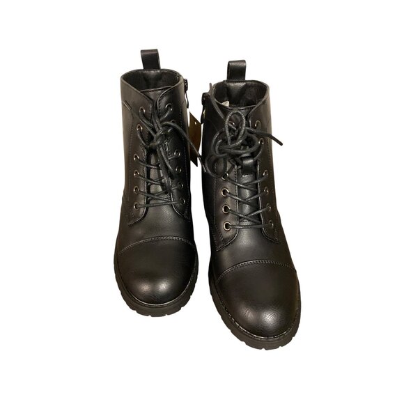 Womens Black Ankle Combat Boots With Lace-Up & Side Zipper Closure Synthetic Lea - Picture 5 of 7